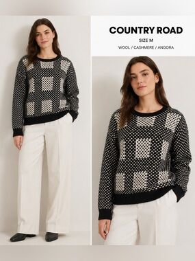 Country Road Wool Blend cashmere angora Geometric Knit Sweater Black & White/M